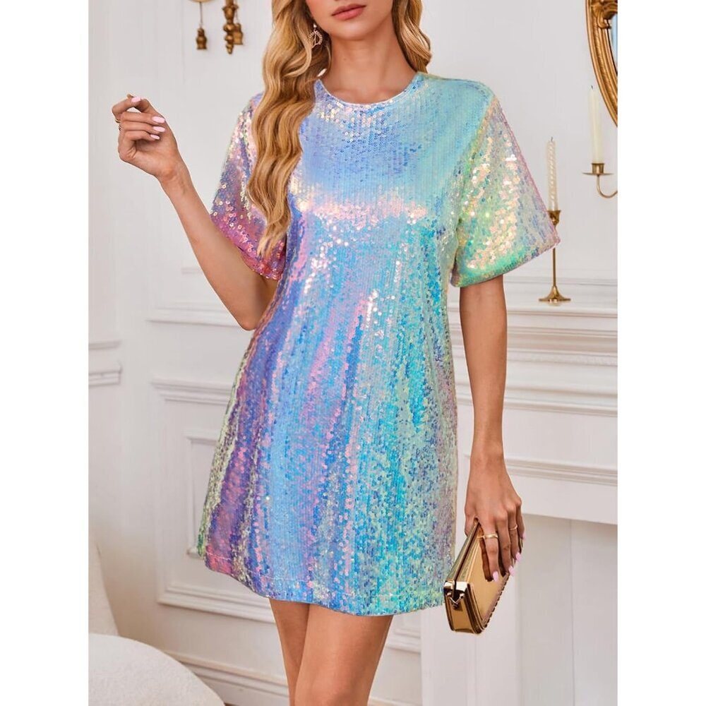 Women's Sequin Shift Dress Mini Crew Neck Sparkly V Neck Short Sleeve - Picture 3 of 6